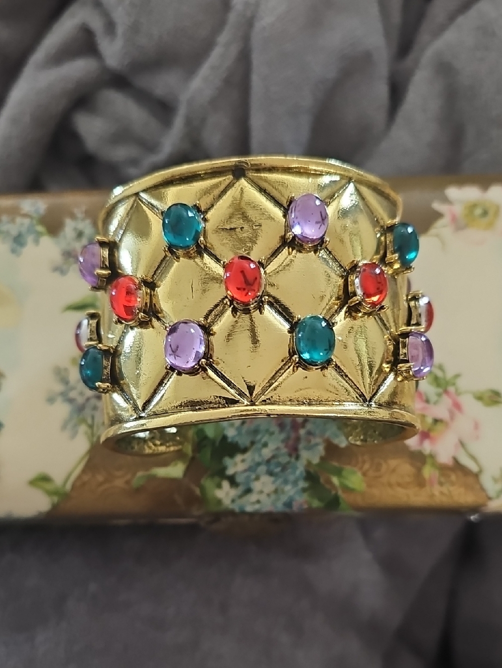 Heavy Gold Tone Multi Colored Cabochons Cuff Bracelet